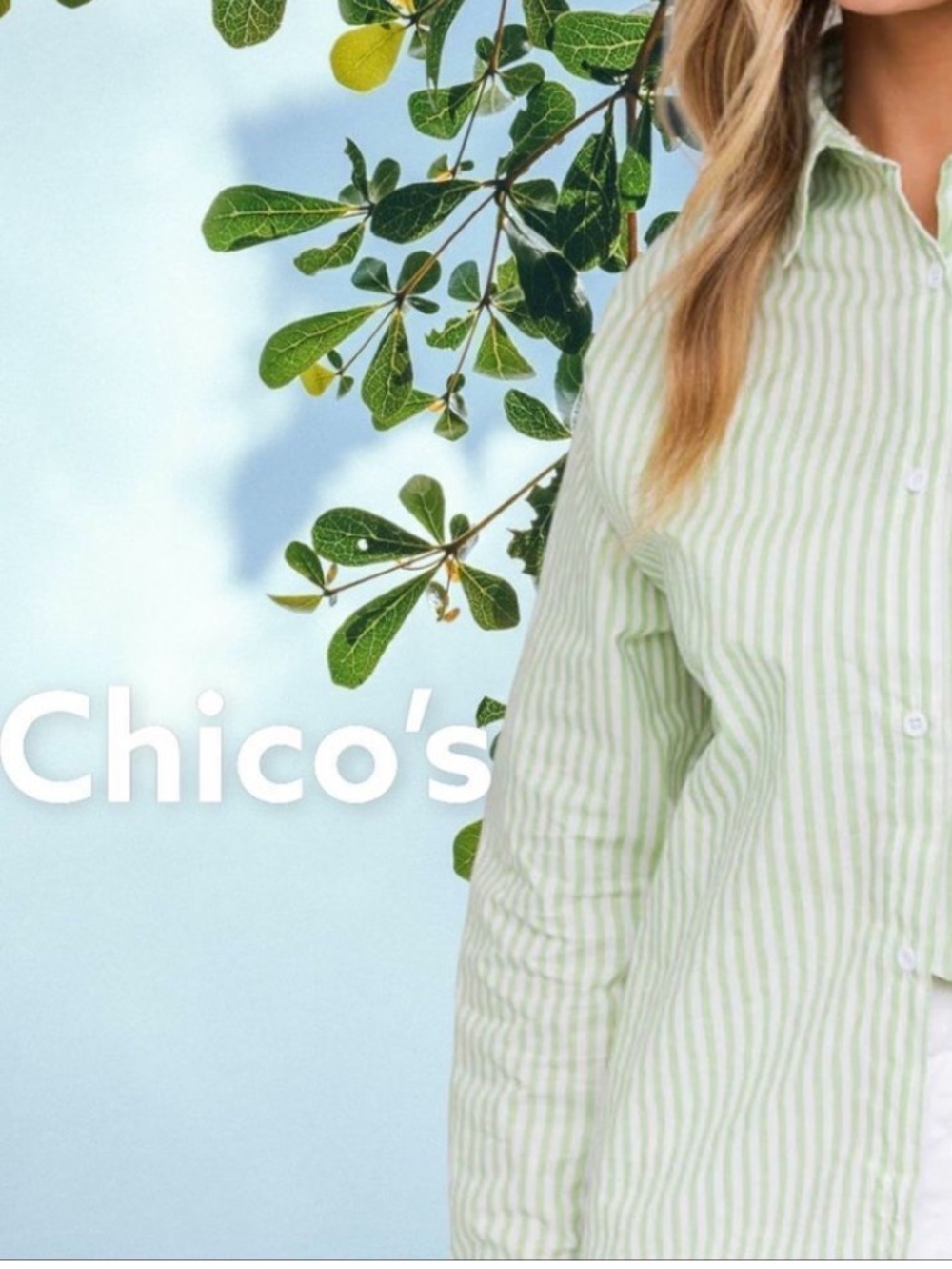 CHICOS No Iron White & Lime Green Stretch Striped Button Up Shirt 8 NWOT - Picture 2 of 11